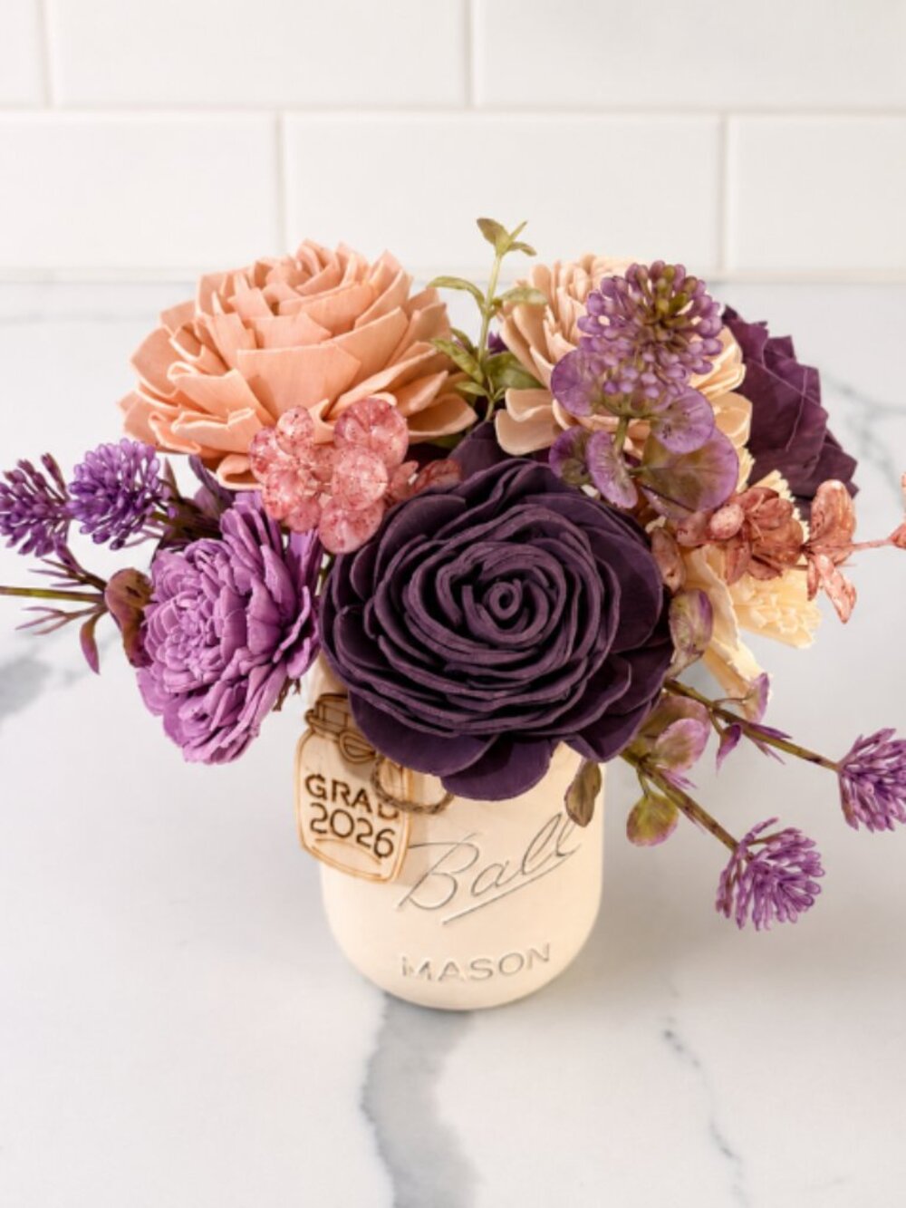 Pink Purple Sola Wood Floral Arrangement in Mason Jar Home Decor Graduation Gift